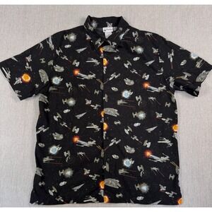 Star Wars Disney Parks Shirt Mens M Black AOP Millennium Falcon Hawaiian Button